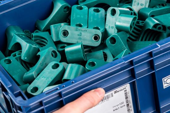 Green clamps in a container