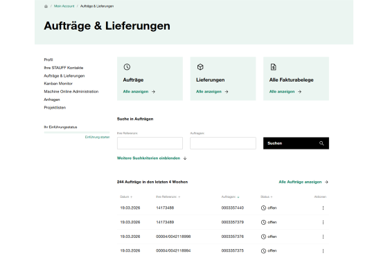 Eine Übersicht Ihrere Bestellungen, Lieferungen und Fakturen