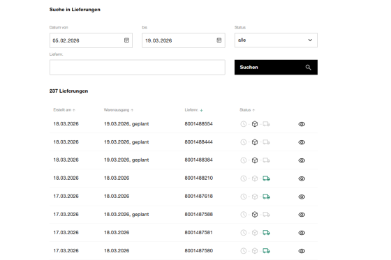 Alle Ihre Lieferungen mit Statusangabe
