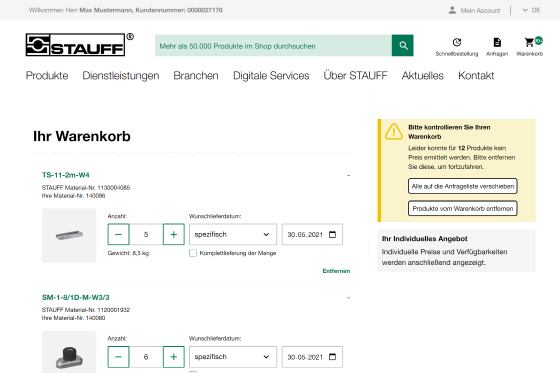 Warenkorb einer Schnellbestellung