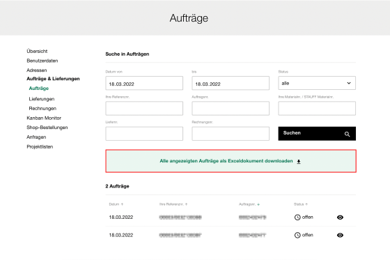 Aufträge als Exceldokument herunterladen