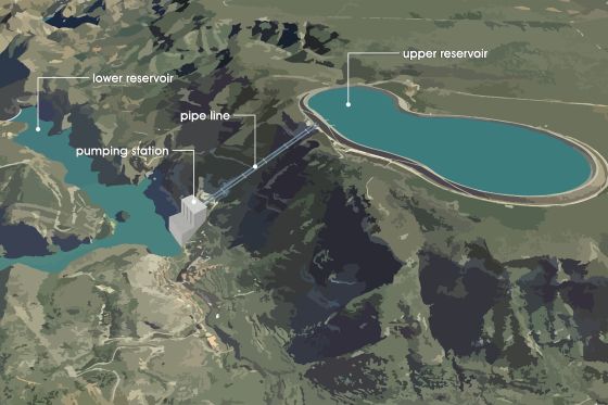 Upper basin of the Rönkhausen pumped storage plant under a blue sky