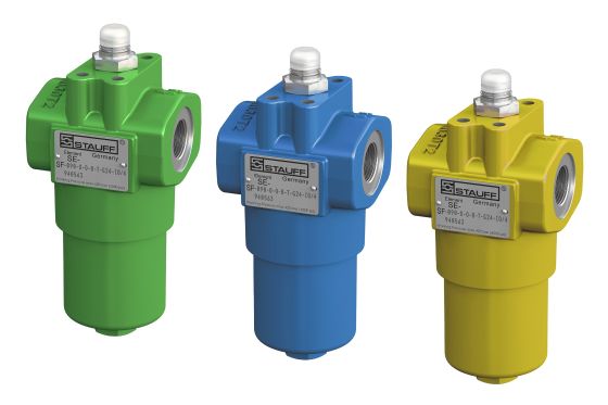 Pressure filter housing SF series in green, blue, and yellow powder-coated