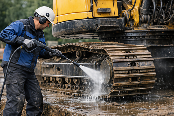 Construction machine being cleaned with a high-pressure cleaner