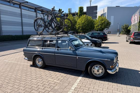 Vintage Volvo with two bicycles on the roof